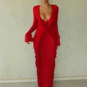 Ruffle elegant long sleeve red dress